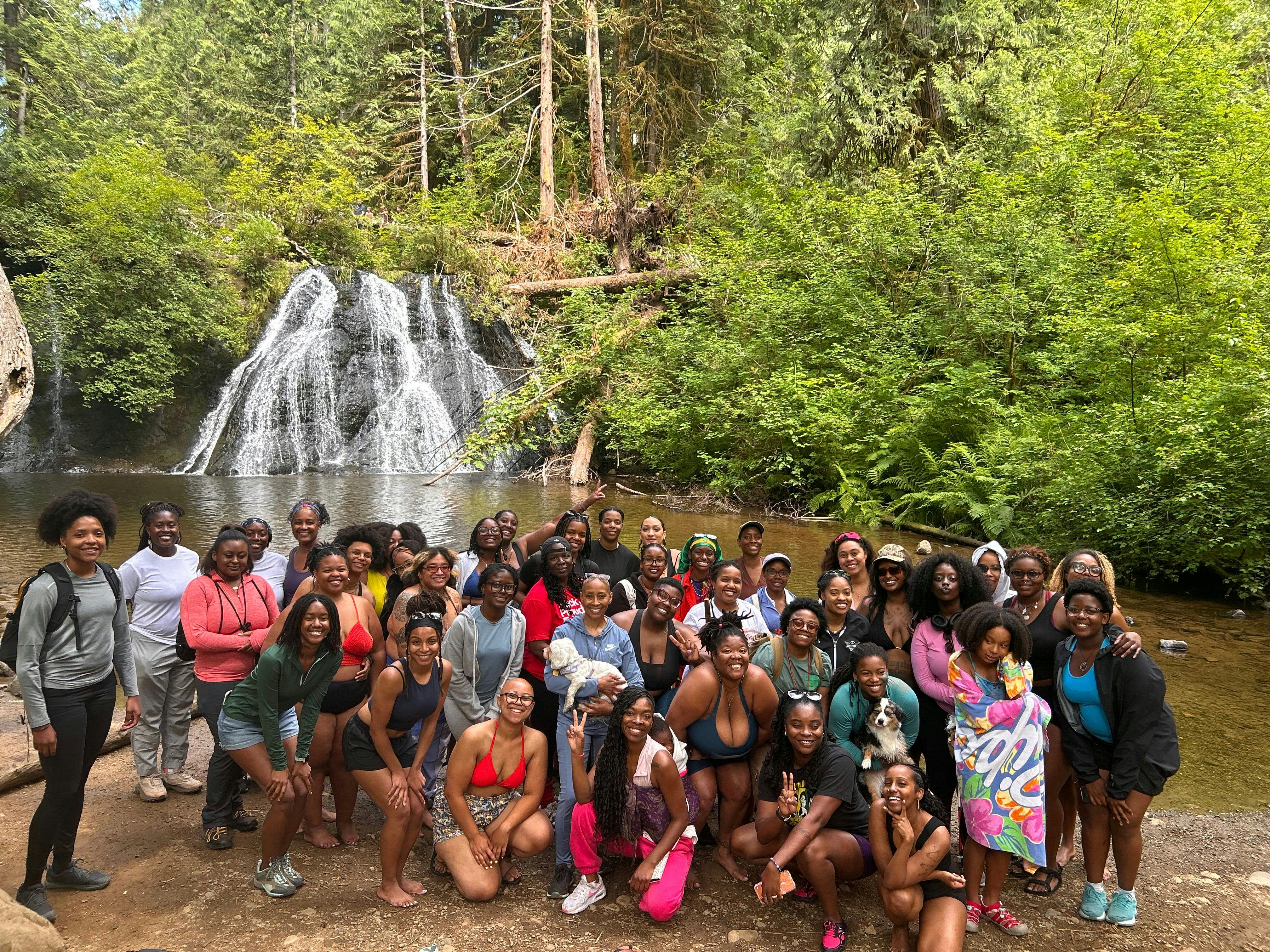 Moss & Melanin group at a Pacific Northwest waterfall